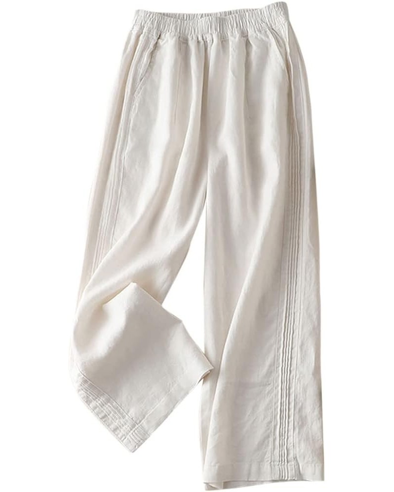 Women's Linen Pants Elastic Pleated Wide Leg Straight Fit Palazzo Pants Long Style White $20.70 Pants