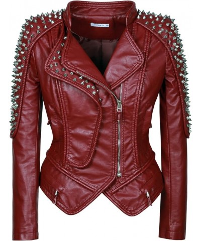 SX New Punk Rivet faux leather PU Jacket Women fashion Biker Jacket Black Slim Fit Streetwear Coat Wine $50.34 Coats