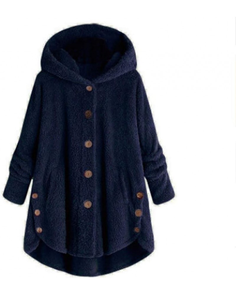 Fleece Jacket for Women 2023 Warm Winter Fuzzy Sherpa Coats Long Sleeve Button Down Hooded Cardigan Outerwear Pockets Navy $8...