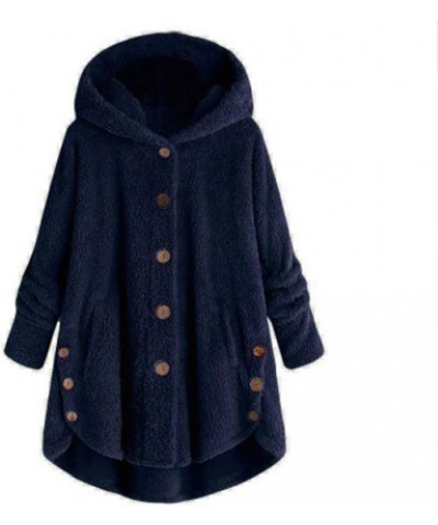 Fleece Jacket for Women 2023 Warm Winter Fuzzy Sherpa Coats Long Sleeve Button Down Hooded Cardigan Outerwear Pockets Navy $8...