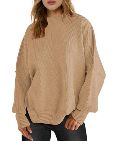 Women's Oversized Batwing Long Sleeve Crewneck Side Slit Ribbed Knit Pullover Sweater Tops Dark Apricot $22.05 Sweaters