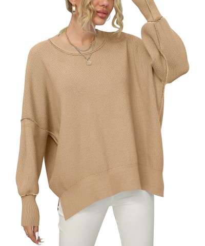 Women's Oversized Batwing Long Sleeve Crewneck Side Slit Ribbed Knit Pullover Sweater Tops Dark Apricot $22.05 Sweaters