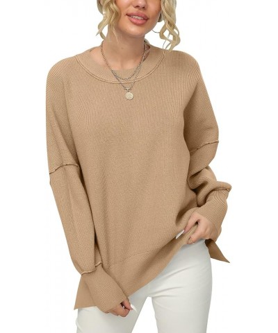 Women's Oversized Batwing Long Sleeve Crewneck Side Slit Ribbed Knit Pullover Sweater Tops Dark Apricot $22.05 Sweaters