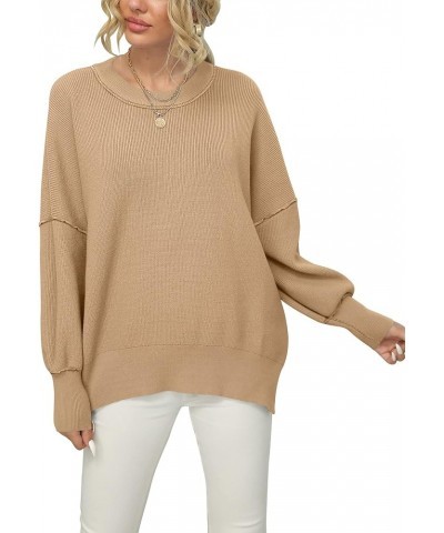 Women's Oversized Batwing Long Sleeve Crewneck Side Slit Ribbed Knit Pullover Sweater Tops Dark Apricot $22.05 Sweaters