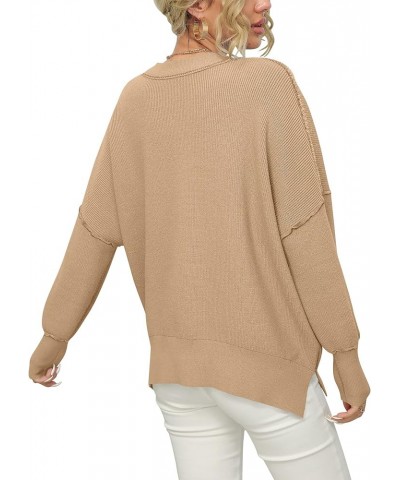 Women's Oversized Batwing Long Sleeve Crewneck Side Slit Ribbed Knit Pullover Sweater Tops Dark Apricot $22.05 Sweaters