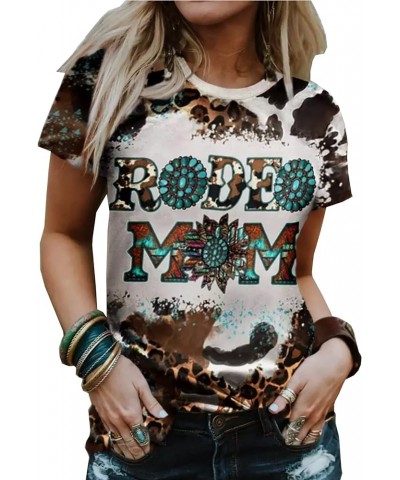 Rodeo Mom Leopard T-Shirt for Women Turquoise Bleached Graphic Tees Casual Mama Life Short Sleeve Shirt Grey $9.03 Tops