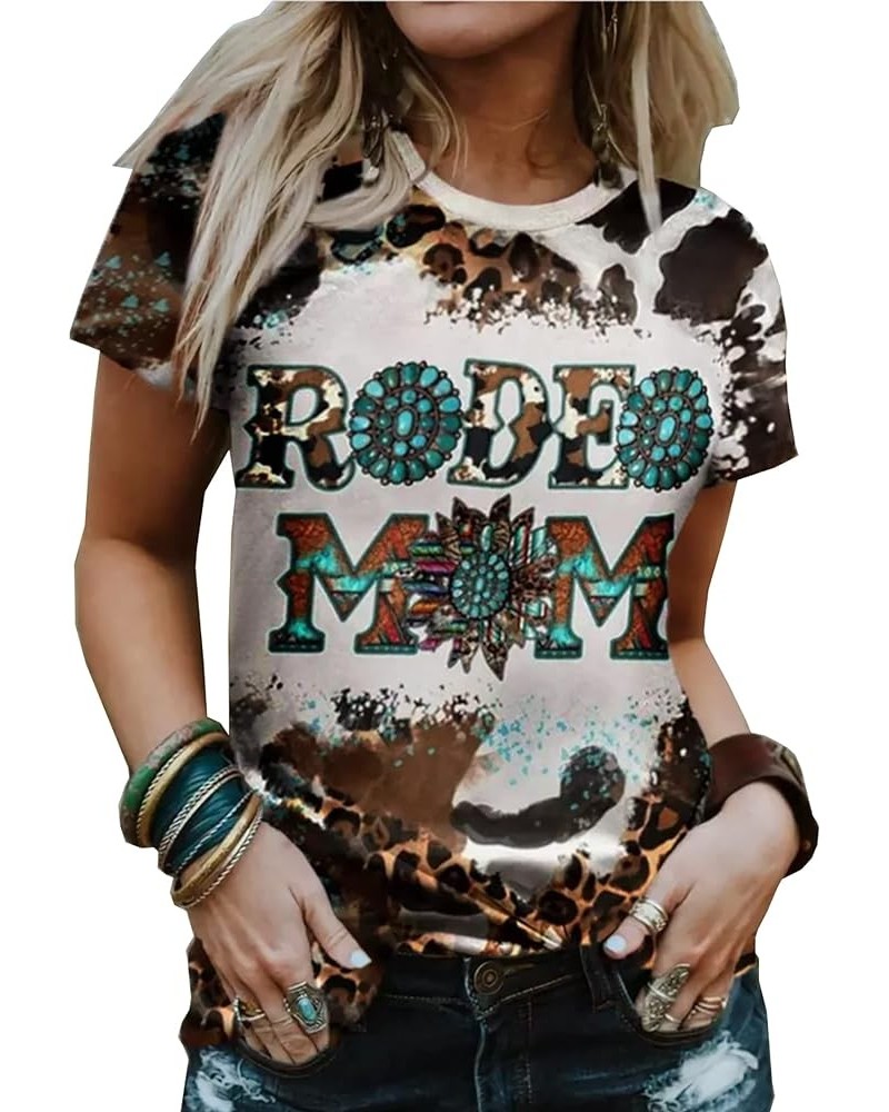 Rodeo Mom Leopard T-Shirt for Women Turquoise Bleached Graphic Tees Casual Mama Life Short Sleeve Shirt Grey $9.03 Tops