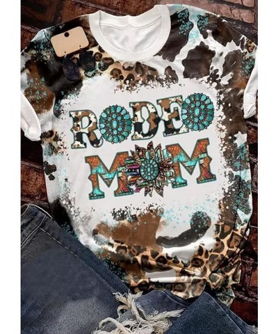 Rodeo Mom Leopard T-Shirt for Women Turquoise Bleached Graphic Tees Casual Mama Life Short Sleeve Shirt Grey $9.03 Tops