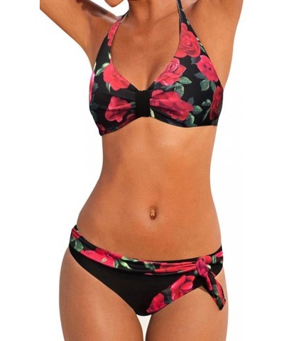 Women's Sexy Padded Push Up Bikini Set Halter Bathing Suits Two Pieces Swimsuit Swimwear Red Floral & Black $14.62 Swimsuits