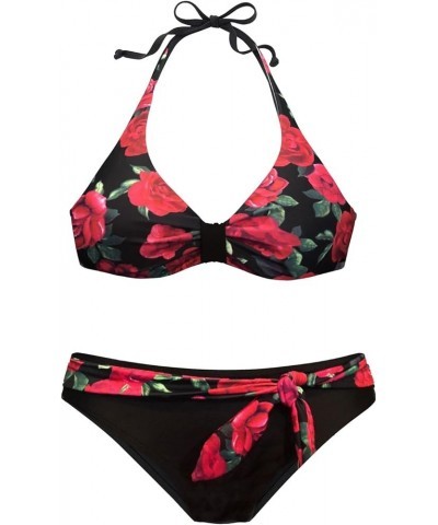 Women's Sexy Padded Push Up Bikini Set Halter Bathing Suits Two Pieces Swimsuit Swimwear Red Floral & Black $14.62 Swimsuits