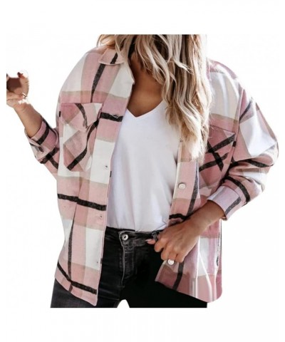 Shacket Jacket Women Casual Flannel Plaid Long Sleeve Lapel Button Down Shirts Fall Wool Blend Coat with Pockets A08 Pink $8....