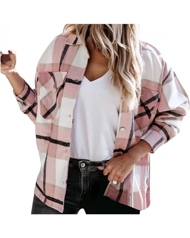 Shacket Jacket Women Casual Flannel Plaid Long Sleeve Lapel Button Down Shirts Fall Wool Blend Coat with Pockets A08 Pink $8....