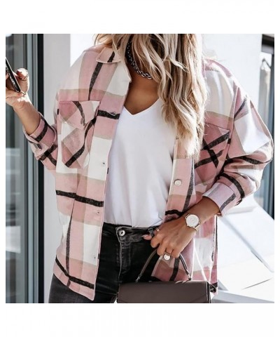 Shacket Jacket Women Casual Flannel Plaid Long Sleeve Lapel Button Down Shirts Fall Wool Blend Coat with Pockets A08 Pink $8....