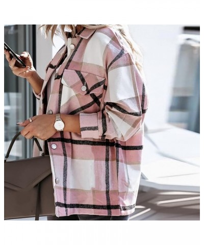 Shacket Jacket Women Casual Flannel Plaid Long Sleeve Lapel Button Down Shirts Fall Wool Blend Coat with Pockets A08 Pink $8....