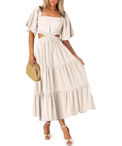 Women's Casual Backless Short Sleeve Square Neck Tiered Ruffle Cut Out Dresses, S-XL F-beige $24.43 Dresses