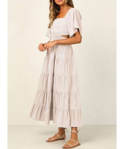 Women's Casual Backless Short Sleeve Square Neck Tiered Ruffle Cut Out Dresses, S-XL F-beige $24.43 Dresses