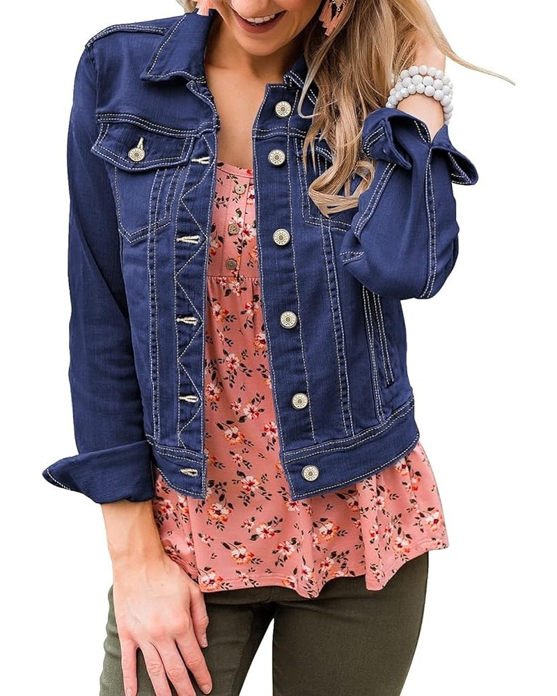 Women's Basic Long Sleeves Button Down Fitted Denim Jean Jackets Blue Denim $21.48 Jackets