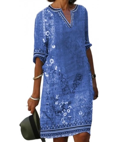Women's Casual Shift Dress Floral Shift Dress with Sleeves V Neck Midi Summer Dresses for Women 2024 Knee Length Vintage Blue...