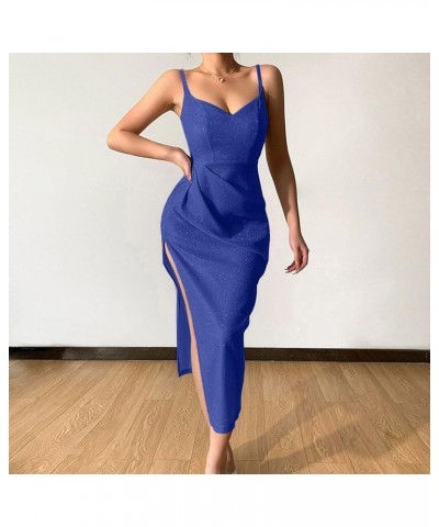 Women's Plus Size Dresses for Curvy Wedding Guest Dresses Solid Color Sexy Sequin Slit Maxi Smocked One Dress 7-blue $28.80 D...