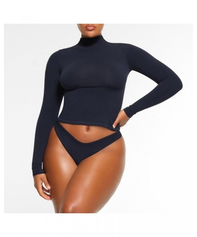 Women Long Sleeve Tight Crop Tops Solid Color Crew Neck Slim Fit Tee Shirt Basic Fitted Cropped Top Shirt G-navy Blue $6.62 T...