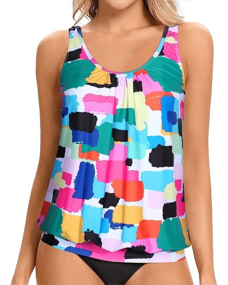 Womens Blouson Tankini Top No Bottom Loose Fit Swim Top Modest Tank Top Color Block $19.59 Swimsuits