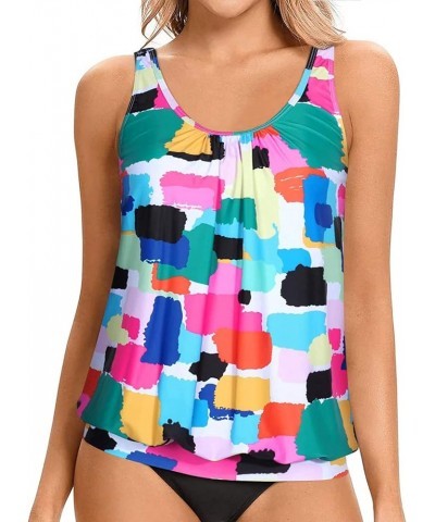 Womens Blouson Tankini Top No Bottom Loose Fit Swim Top Modest Tank Top Color Block $19.59 Swimsuits