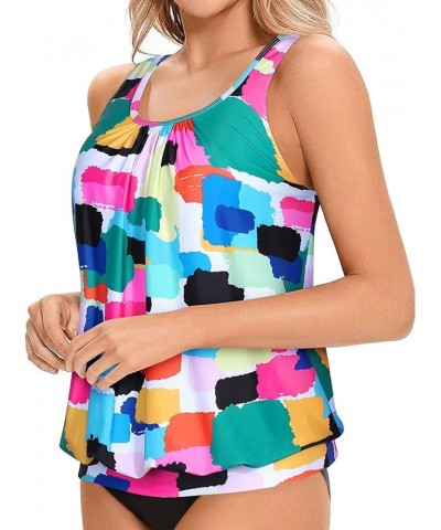 Womens Blouson Tankini Top No Bottom Loose Fit Swim Top Modest Tank Top Color Block $19.59 Swimsuits