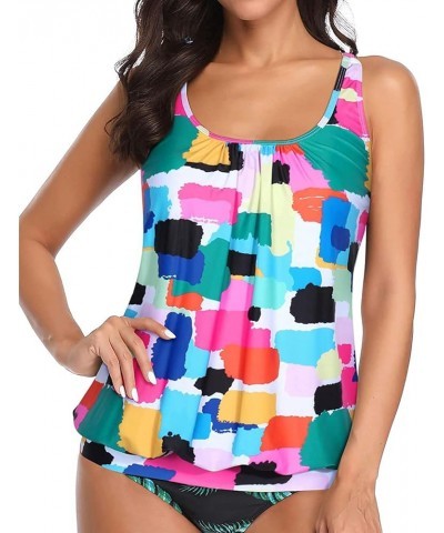 Womens Blouson Tankini Top No Bottom Loose Fit Swim Top Modest Tank Top Color Block $19.59 Swimsuits