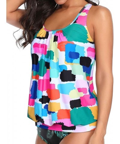 Womens Blouson Tankini Top No Bottom Loose Fit Swim Top Modest Tank Top Color Block $19.59 Swimsuits