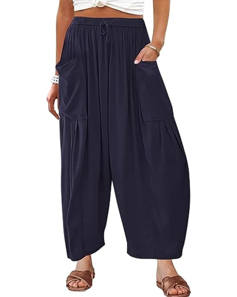 Women's Linen Pants Casual Loose Drawstring Wide Leg Capri Palazzo Pants Trousers with Pockets Navy $17.27 Pants