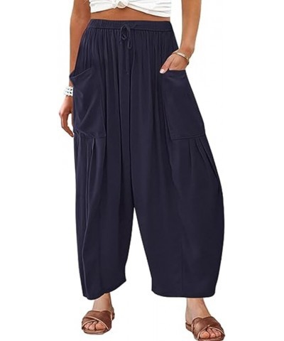 Women's Linen Pants Casual Loose Drawstring Wide Leg Capri Palazzo Pants Trousers with Pockets Navy $17.27 Pants