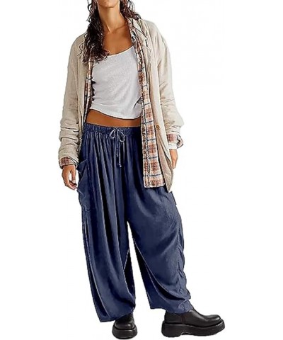 Women's Linen Pants Casual Loose Drawstring Wide Leg Capri Palazzo Pants Trousers with Pockets Navy $17.27 Pants