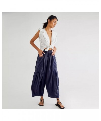 Women's Linen Pants Casual Loose Drawstring Wide Leg Capri Palazzo Pants Trousers with Pockets Navy $17.27 Pants