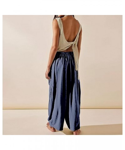 Women's Linen Pants Casual Loose Drawstring Wide Leg Capri Palazzo Pants Trousers with Pockets Navy $17.27 Pants