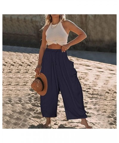 Women's Linen Pants Casual Loose Drawstring Wide Leg Capri Palazzo Pants Trousers with Pockets Navy $17.27 Pants