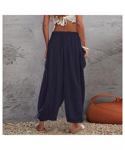 Women's Linen Pants Casual Loose Drawstring Wide Leg Capri Palazzo Pants Trousers with Pockets Navy $17.27 Pants