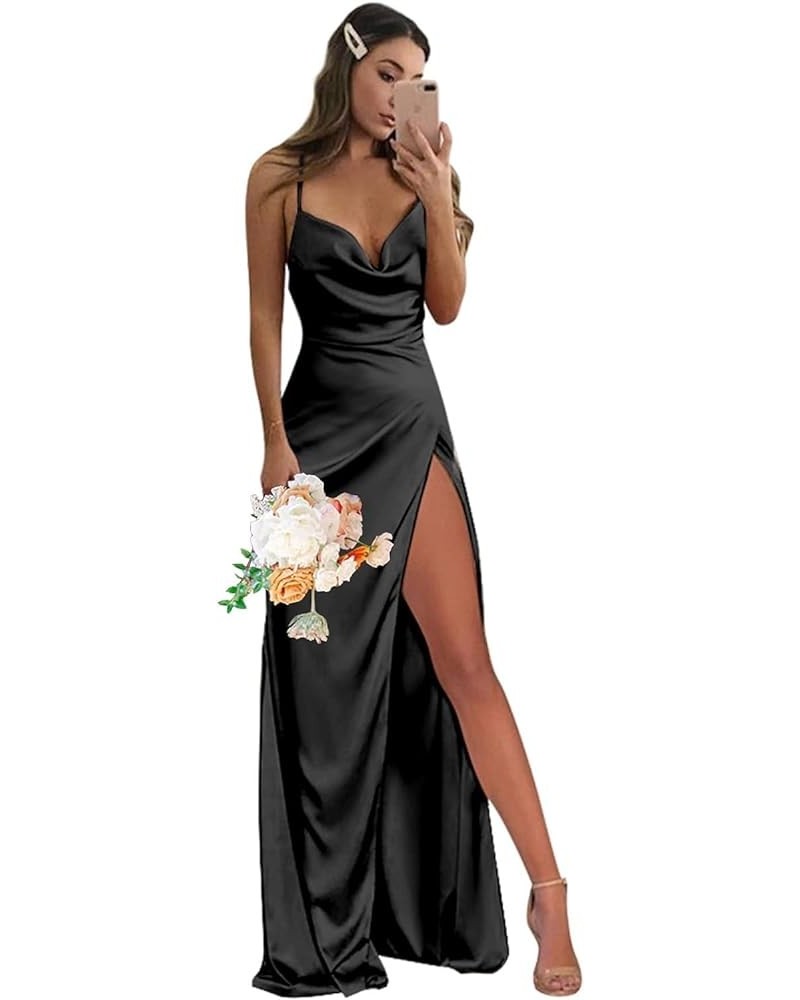 Women's Cowl Neck Satin Bridesmaid Dresses with Slit 2024 Spaghetti Straps Ruched Long Formal Dress XOD060 Black $31.85 Dresses