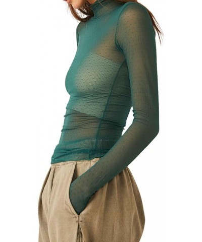 Women Long Sleeve Crop Top Shirts See Through Mesh Tops Turtleneck Slim Fit Basic Y2K Tops Army Green $6.26 T-Shirts