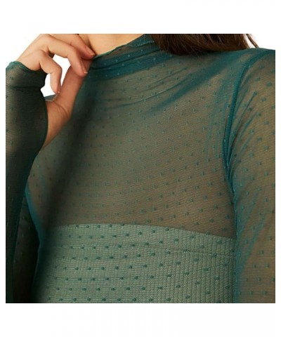 Women Long Sleeve Crop Top Shirts See Through Mesh Tops Turtleneck Slim Fit Basic Y2K Tops Army Green $6.26 T-Shirts