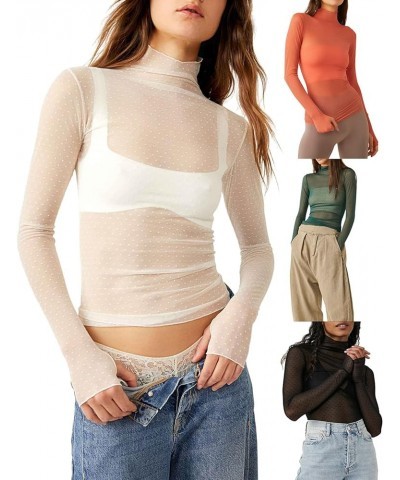 Women Long Sleeve Crop Top Shirts See Through Mesh Tops Turtleneck Slim Fit Basic Y2K Tops Army Green $6.26 T-Shirts