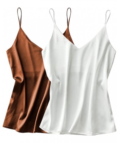 Womens Silk Satin Tank Top 2 Pack V Neck Basic Camisole 2 Pack: Khaki+white $10.83 Tanks
