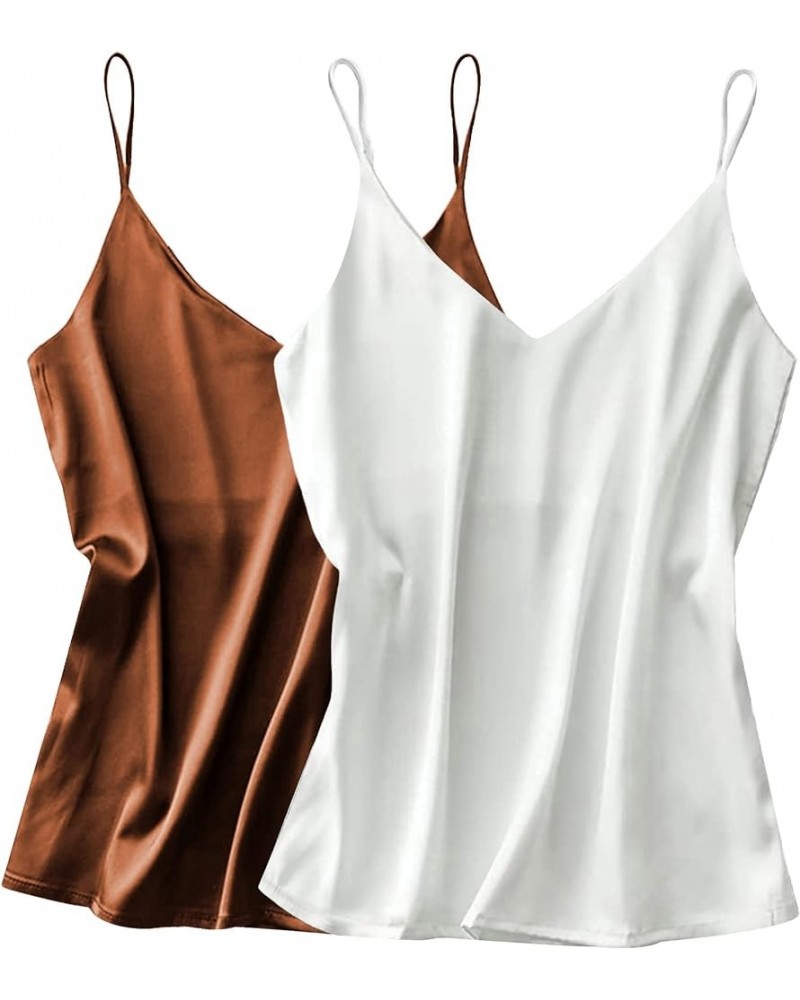 Womens Silk Satin Tank Top 2 Pack V Neck Basic Camisole 2 Pack: Khaki+white $10.83 Tanks