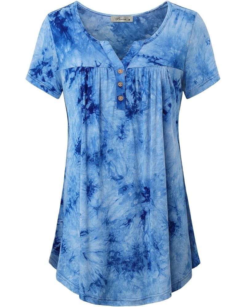 Women's Notch Neck Short Sleeve Casual Tunic Top Flowy Shirt Royal Blue $13.76 Tops