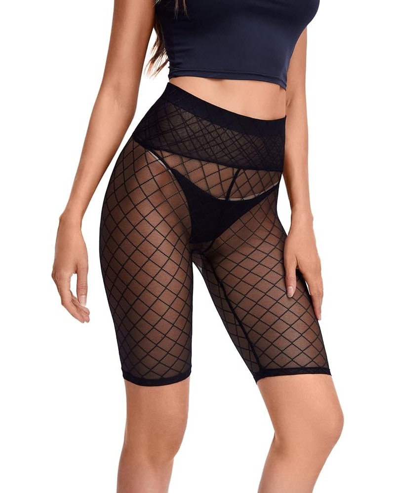 Women's See Through Mesh High Waist Sheer Biker Shorts Black Rhombic $11.19 Shorts