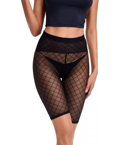 Women's See Through Mesh High Waist Sheer Biker Shorts Black Rhombic $11.19 Shorts