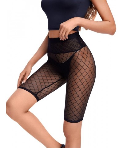 Women's See Through Mesh High Waist Sheer Biker Shorts Black Rhombic $11.19 Shorts