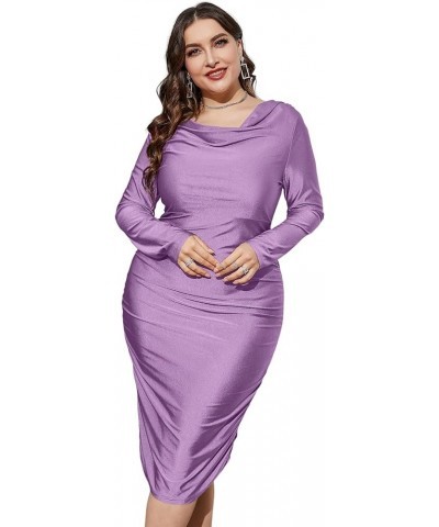 Women's Plus Size Long Sleeve Draped Cowl Neck Party Bodycon Midi Dress Lilac Purple $27.92 Dresses