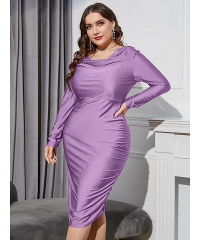 Women's Plus Size Long Sleeve Draped Cowl Neck Party Bodycon Midi Dress Lilac Purple $27.92 Dresses