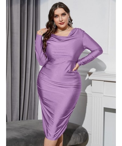 Women's Plus Size Long Sleeve Draped Cowl Neck Party Bodycon Midi Dress Lilac Purple $27.92 Dresses