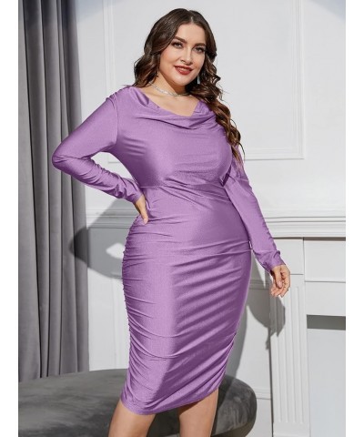 Women's Plus Size Long Sleeve Draped Cowl Neck Party Bodycon Midi Dress Lilac Purple $27.92 Dresses